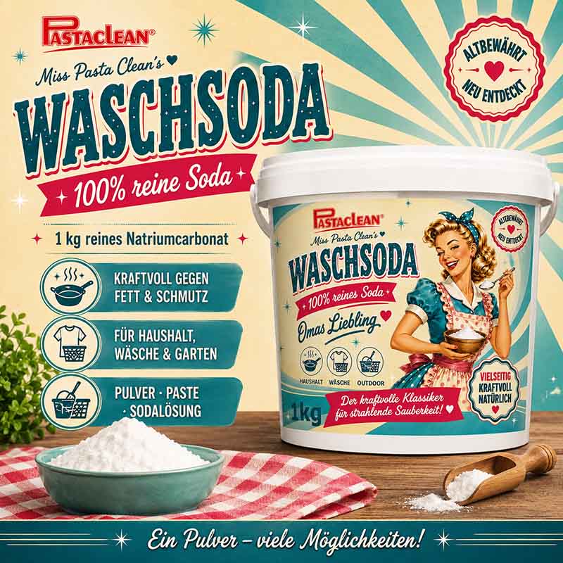 Pastaclean Waschsoda 1 kg reines Natriumcarbonat gegen Fett, Schmutz und Flecken für Haushalt, Wäsche und Gartenanwendung