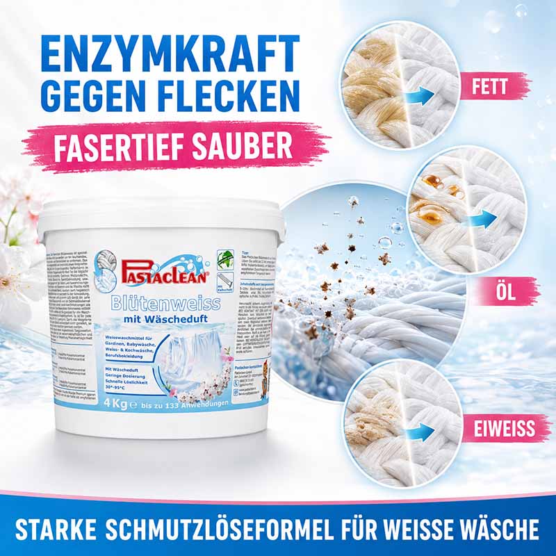 Pastaclean Blütenweiss Weißwaschmittel 4Kg für fasertiefe Reinigung, entfernt Fett, Öl und Eiweiß, starke Schmutzlöseformel für weiße Wäsche, Waschmittel mit frischem Duft, bis zu 133 Anwendungen