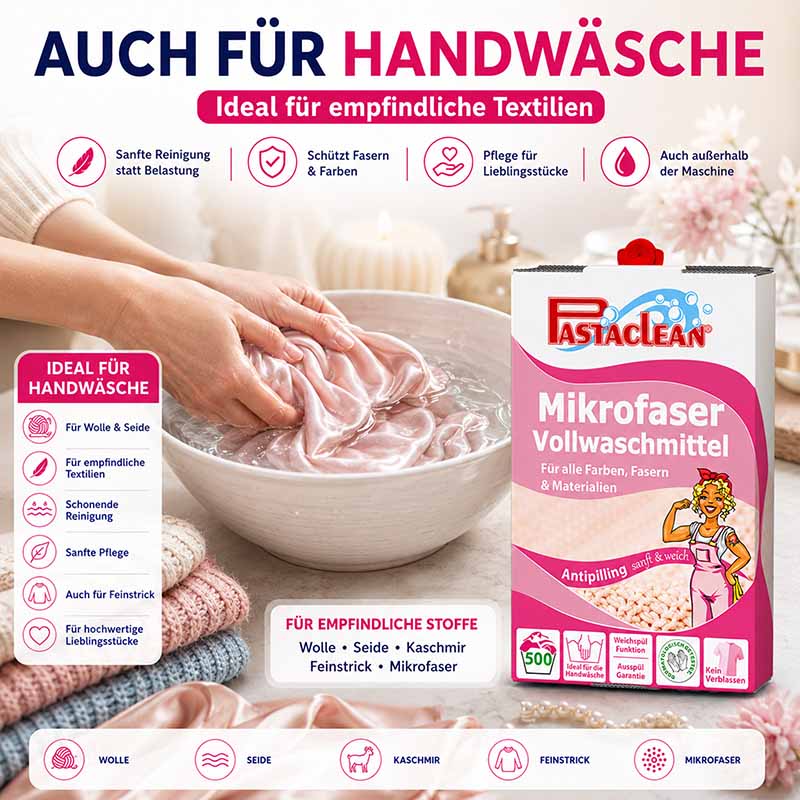 Pastaclean Mikrofaser Waschmittel 5L, 500WL, Antipilling, ideal für Handwäsche, empfindliche Textilien, Wolle, Seide, Kaschmir, Feinstrick, Mikrofaser, sanfte Reinigung, Faserschutz, Farbschutz, hochwertige Lieblingsstücke, Schonende Reinigung, Pflege.