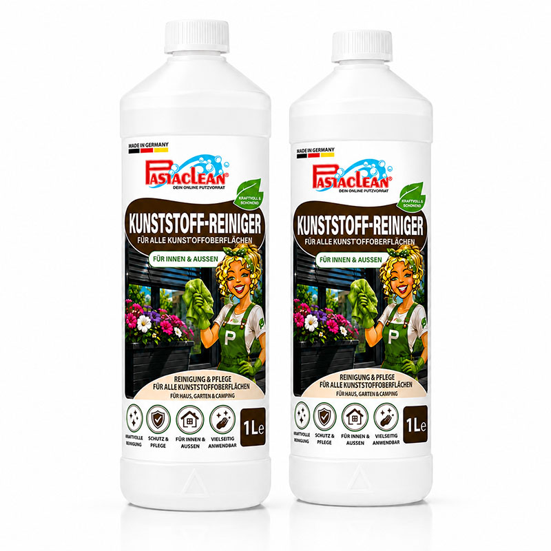 Pastaclean Kunststoffreiniger 2 Liter für Fensterrahmen, Gartenmöbel, Rollläden, Wohnwagen, geeignet für Innen- und Außenanwendungen, bietet effiziente Reinigung und Pflege von Kunststoffoberflächen.