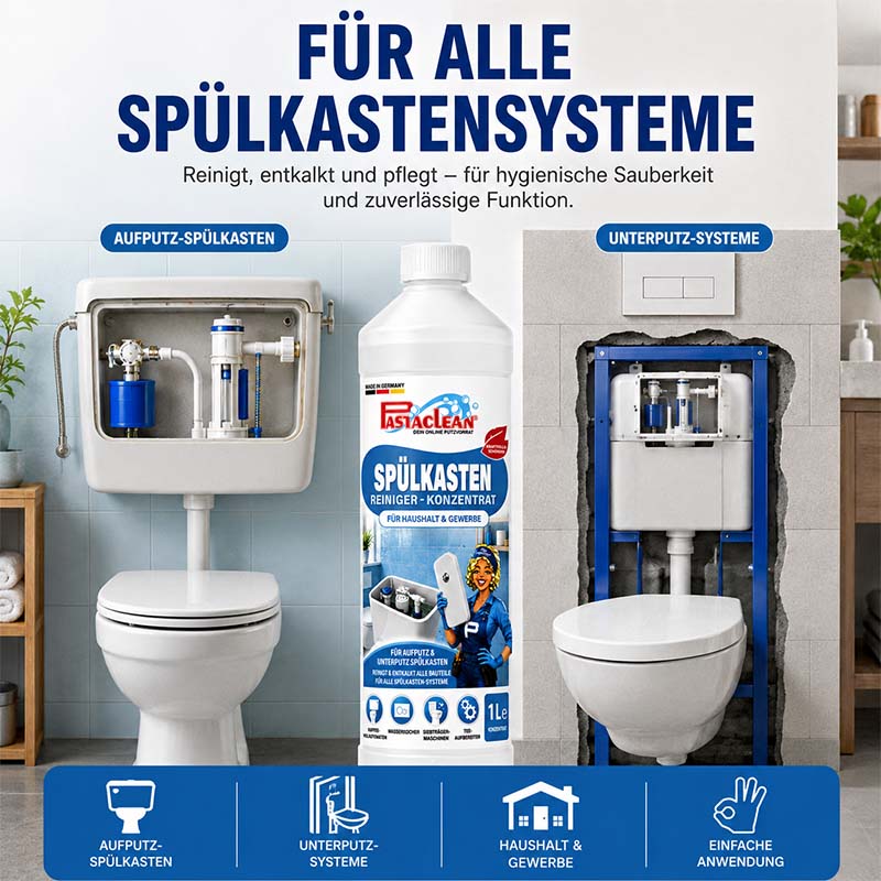 Spülkasten Reiniger Konzentrat 1 Liter, geeignet für Aufputz- und Unterputzsysteme, reinigt, entkalkt und pflegt Spülkasten. Ideal für Haushalt und Gewerbe, einfache Anwendung, Spülkastenentkalker für hygienische Sauberkeit und zuverlässige Funktion.