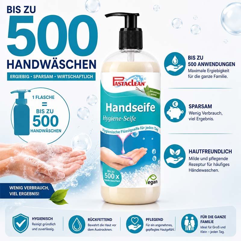 Handseife Hygiene-Seife 1000 ml, bis zu 500 Anwendungen, ergiebig, sparsam, vegan, hautfreundlich, rückfettend, für die ganze Familie, hygienisch, Pastaclean Produktabbildung mit Pumpflasche und Wasserillustrationen.