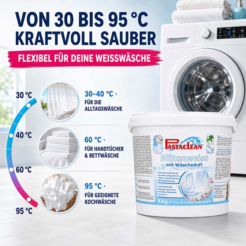 Pastaclean Blütenweiss Weißwaschmittel 4Kg für kraftvolle Reinigung von Weißwäsche bei 30-95°C, geeignet für Alltagswäsche, Handtücher, Bettwäsche und Kochwäsche, bis zu 133 Anwendungen.
