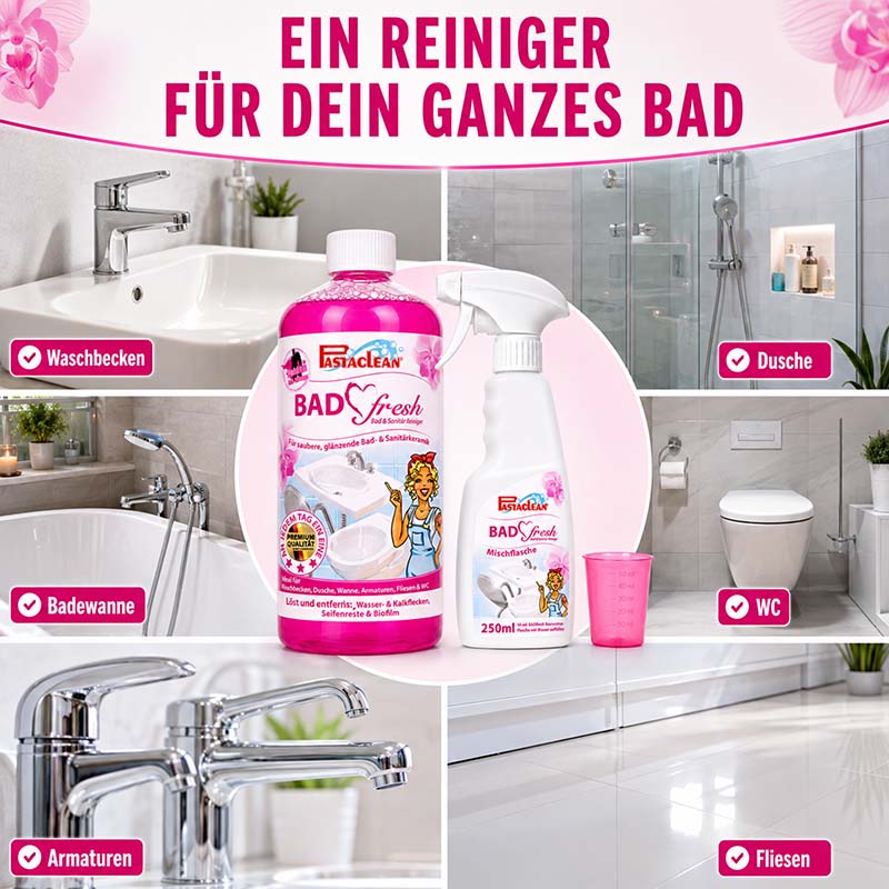 Badfresh Sanitärreiniger, 1 Liter, geeignet für Waschbecken, Dusche, Badewanne, WC, Armaturen, Fliesen. Reinigungskraft, Kalkentfernung, Sauberkeit im Badezimmer. Putzmittel für glänzende Oberflächen.