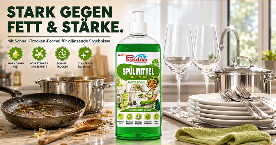 Pastaclean Spülmittel Konzentrat, stark gegen Fett und Stärke, geeignet für Geschirrreinigung in Küchen, mit Schnell-Trocken-Formel für glänzende Sauberkeit.