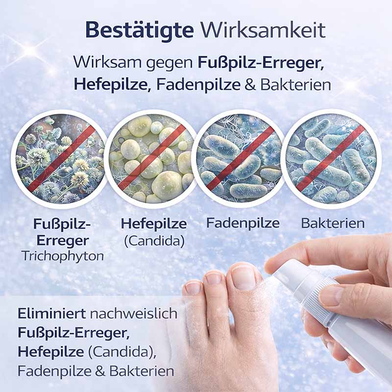 Desinfektionsspray für Füße & Schuhe, 2x 250 ml. Wirksam gegen Fußpilz-Erreger, Hefepilze, Fadenpilze, Bakterien. Eliminierung von Trichophyton, Candida, Pilzen. Fußdesinfektion gegen Gerüche, Schutz, Hygiene, Pflege.