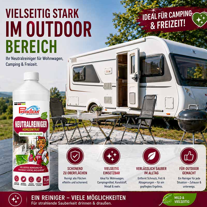 Pastaclean Neutralreiniger Konzentrat 1L, Allzweckreiniger für Küche, Bad, Böden, Fenster, ideal für Wohnwagen, Camping, Outdoor-Bereich, schont Oberflächen, vielseitig einsetzbar für Haushalt und Freizeit.