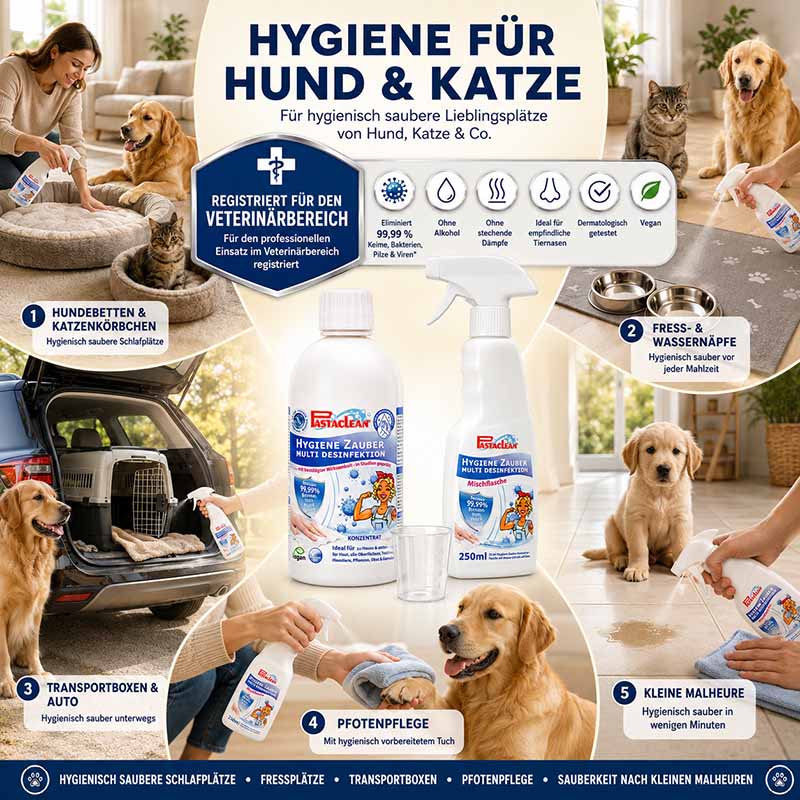 Pastaclean Flächendesinfektion Konzentrat, 500 ml, für hygienisch saubere Oberflächen bei Haustieren, eliminiert 99,9 % Keime, ohne Alkohol, ideal für Tierbedarf, vielseitige Anwendung, konzentriert und vegan