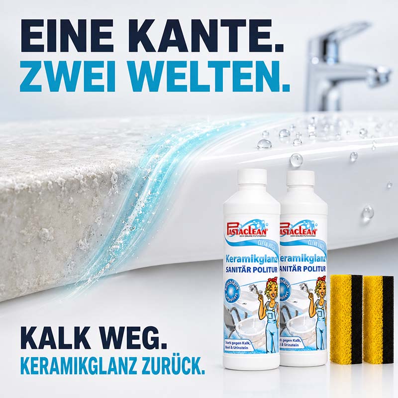 Pastaclean Sanitärpolitur für Keramikglanz, geeignet zur Kalk- und Urinsteinentfernung, einschließlich 2x 500ml Flaschen und Schwämme, für die Reinigung von Bad und Sanitärbereich.