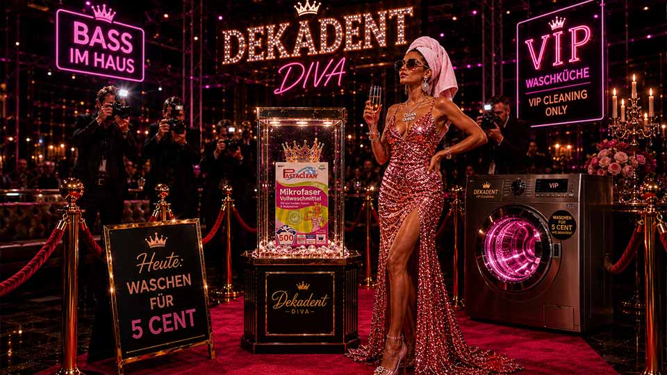 Waschen für 5 Cent wie dekadent – Dekadent Diva Motiv mit PastaClean Waschmittel, VIP Waschküche, Luxusleben und Glamour