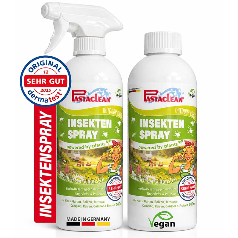 Insektenspray Pastaclean 2x500 ml, Umgebungsspray, Schutz vor Mücken, Zecken, Stechfliegen, vegan, dermatest „sehr gut“ 2025, geeignet für Haus, Garten, Balkon, Terrasse, Camping, Reisen, made in Germany.