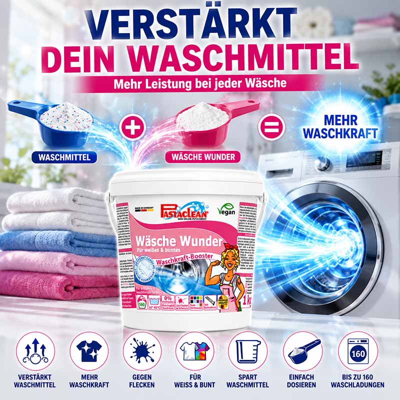 Pastaclean Wäsche Wunder Waschmittel-Booster für Weißes und Buntes, verstärkt Waschkraft, geeignet für Fleckenentfernung, 1 kg Pulver, vegan, für bis zu 160 Waschladungen