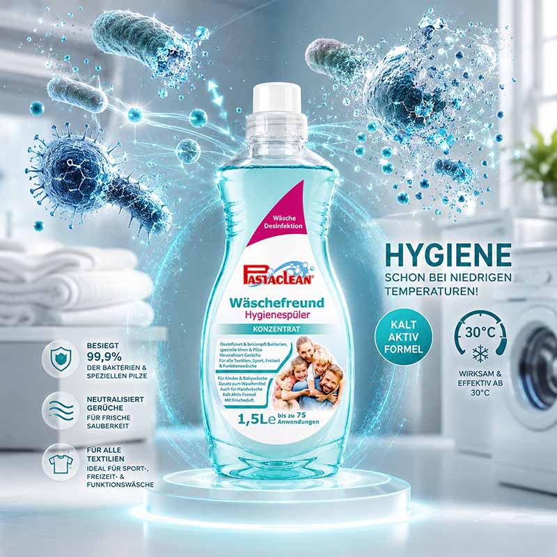 Wäschefreund Hygienespüler, 1,5 Liter, beseitigt 99,9% Bakterien, neutralisiert Gerüche, für alle Textilien, ideal für Sport- und Funktionswäsche, wirkt bei niedrigen Temperaturen, 75 Anwendungen, Fastaclean, Konzentrat.