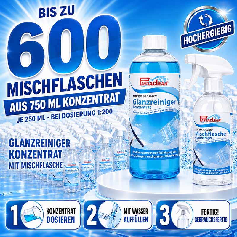 Pastaclean Micro Magic Glasreiniger Konzentrat, 750 ml für glänzende Glasreinigung und glatte Oberflächen im Haushalt; hochergiebige Mischung ergibt bis zu 600 Anwendungslösungen mit maximaler Reinigungsleistung.