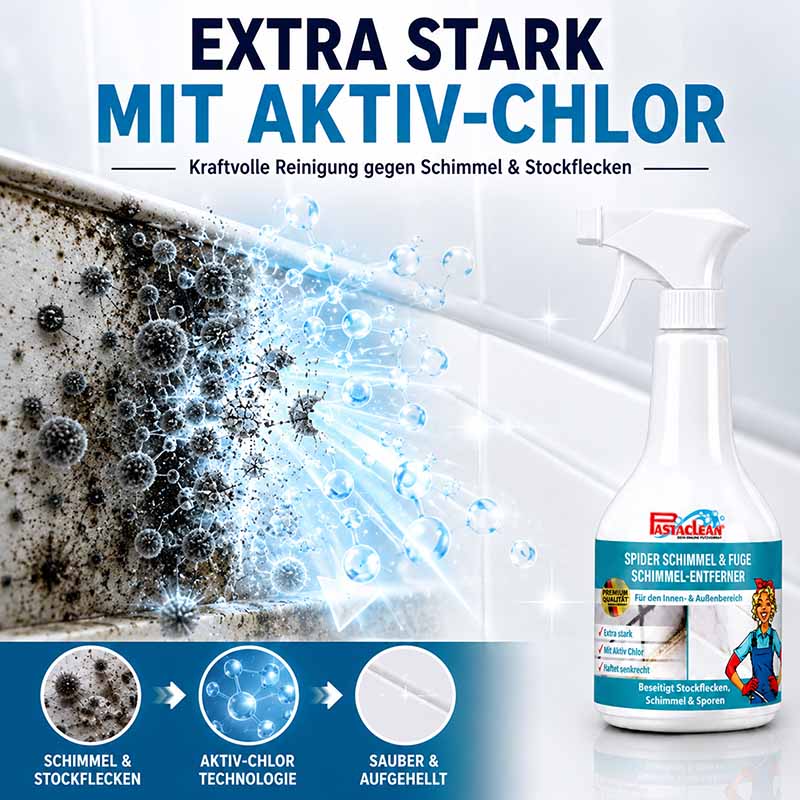 Schimmelentferner und Fugenreiniger mit Aktiv-Chlor, 500 ml, extra stark gegen Schimmel und Stockflecken, kraftvolle Reinigung für Innen- und Außenbereich, beseitigt Stockflecken, hellt auf, entfernt Sporen.