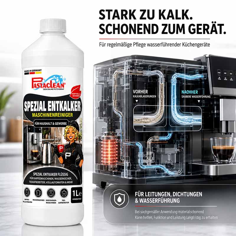 Pastaclean Entkalker Konzentrat für Kaffeemaschine, Vollautomat, Wasserkocher und Siebträger, geräteschonender Reiniger, 1 Liter, für Haushalt und Gewerbe, entfernt Kalkablagerungen, schützt Leitungen und Dichtungen