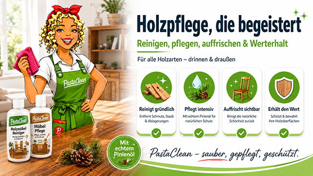 Pastaclean Holzpflege Set mit Pinienöl zur Reinigung, Pflege und Werterhaltung von Holzmöbeln und -oberflächen, geeignet für den Innen- und Außenbereich, effektiv gegen Schmutz, Staub und Ablagerungen.