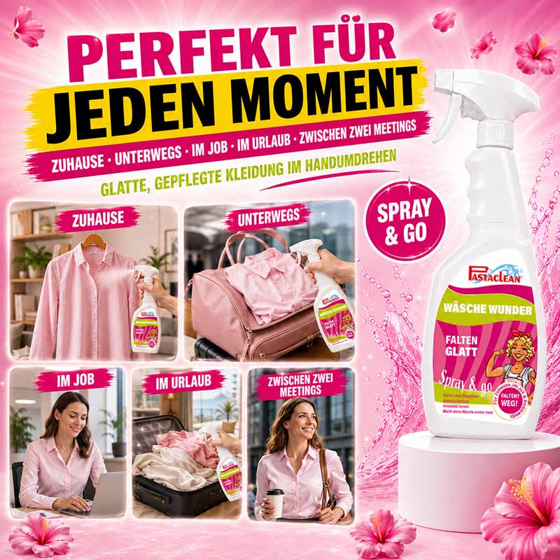 Pastaclean Wäsche Wunder Faltenglatt Anti-Falten-Spray für Kleidung, 750 ml, zur Glättung von Textilien zuhause, unterwegs oder im Urlaub, sorgt für faltenfreies Aussehen ohne Bügeln