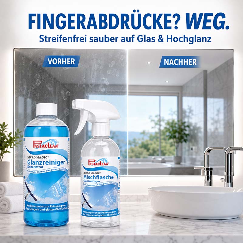 Pastaclean Micro Magic Glasreiniger Konzentrat, 750 ml, für streifenfreie Sauberkeit auf Glas und Hochglanzoberflächen, ideal zur Reinigung von Fenstern, Spiegeln und glatten Flächen.