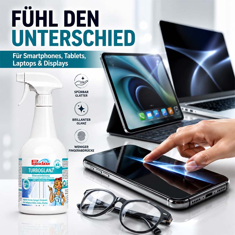 Pastaclean TurboGlanz Glasreiniger für Glas, Spiegel, Displays, Edelstahl, Lack und Hochglanzflächen, 750 ml inkl. Poliertuch, geeignet für Smartphones, Tablets, Laptops, reduziert Fingerabdrücke, sorgt für spürbar glattere Oberflächen und brillanten Glan