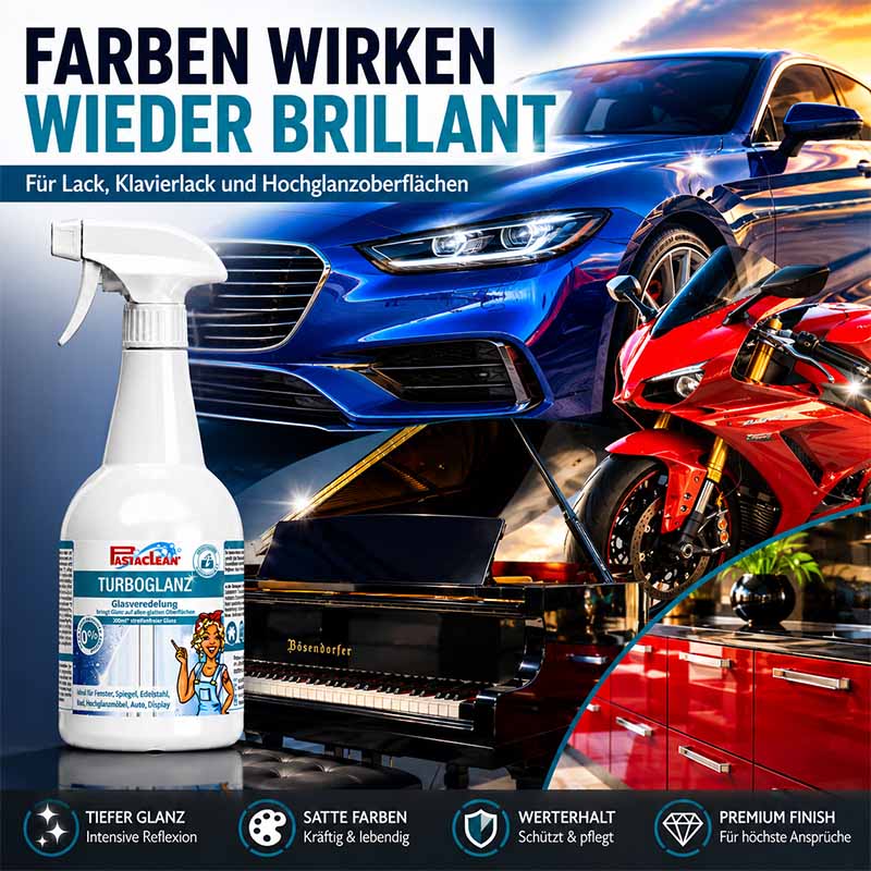 Pastaclean TurboGlanz Glasreiniger & Oberflächenveredelung für Glas, Spiegel, Displays, Edelstahl, Lack und Hochglanzflächen, 750 ml mit Poliertuch, intensiver Glanz, Schutz und Pflege, ideal für wertvolle Oberflächenreinigung und Werterhalt.