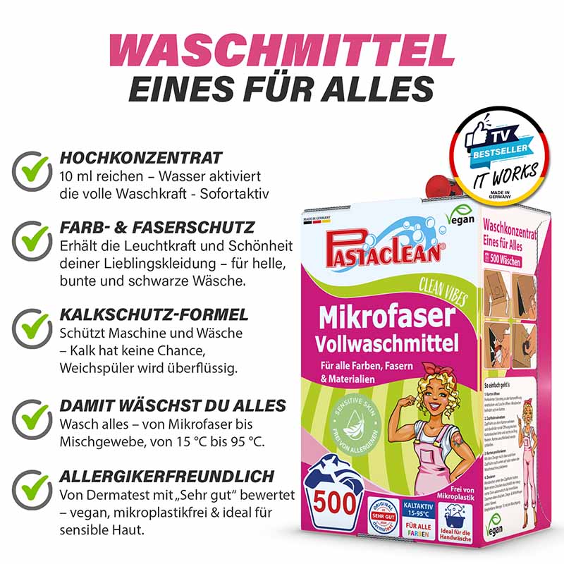 Flüssigwaschmittel Konzentrat, 500 Wäschen, Universal Waschmittel, 5 Liter, sicheres Waschen, hochkonzentriert, Farbschutz, Faserschutz, Kalkschutz, für Mikrofaser, allergikerfreundlich, vegan, mikroplastikfrei, Temperaturbereich 15-95°C.