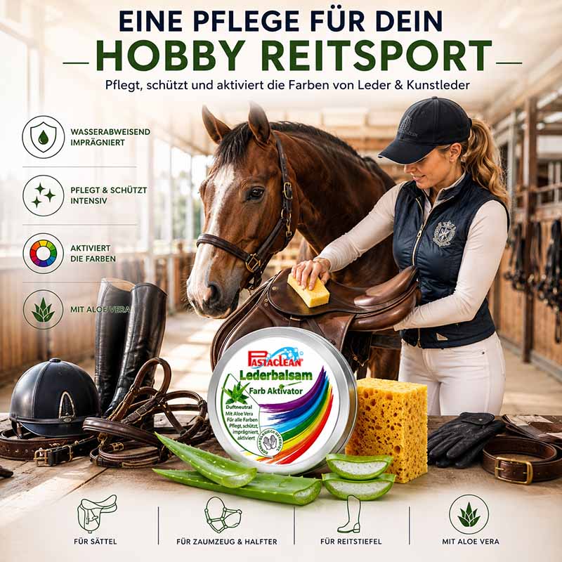 Pastaclean Lederpflege farblos mit Farb Aktivator, 250 ml, ideal für Sättel, Zaumzeug, Halfter und Reitstiefel, wasserabweisend imprägniert, pflegt und schützt intensiv, aktiviert Lederfarben, mit Aloe Vera, geeignet für Hobby Reitsport.