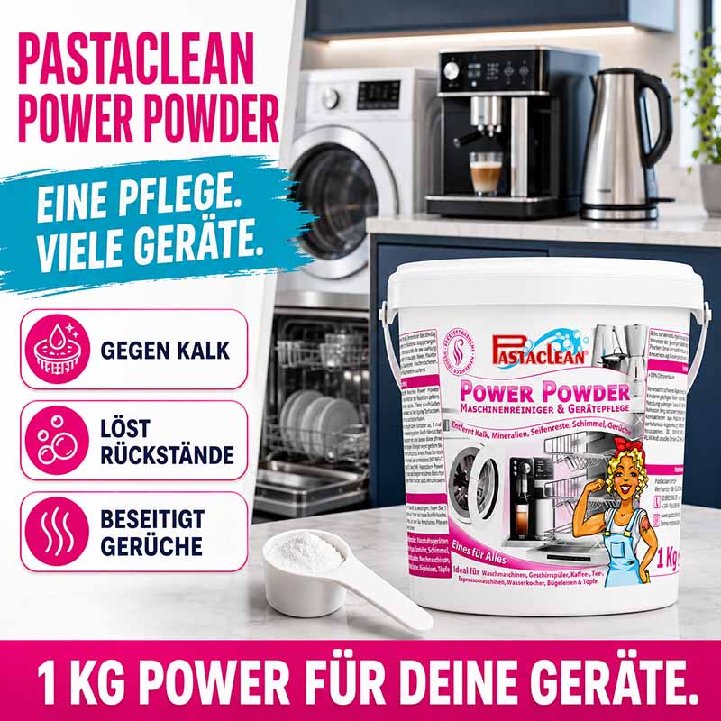 Pastaclean Power Powder Maschinenreiniger für Gerätepflege, entfernt Kalk, löst Rückstände, beseitigt Gerüche, ideal für Waschmaschinen, Geschirrspüler, Kaffeemaschinen, 1 kg Packung