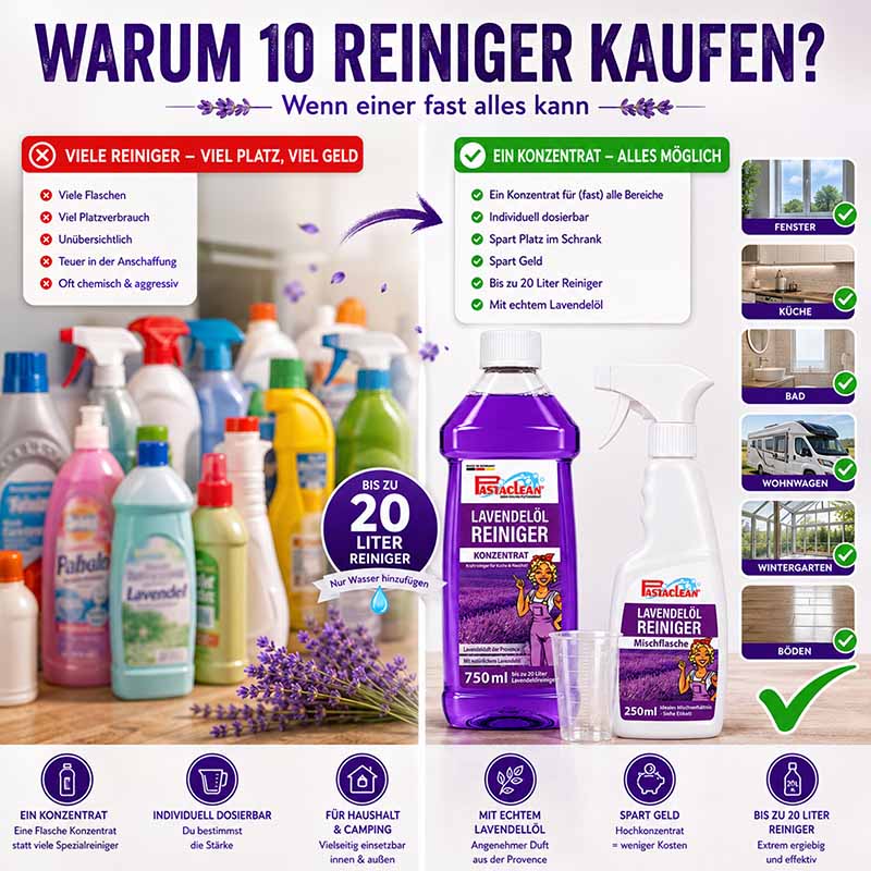 Lavendelöl Reiniger 750 ml, konzentriert, für Fenster, Küche, Bad, Wohnwagen, Wintergarten, Böden. Spart Platz und Geld, bis zu 20 Liter Reiniger. Enthält echtes Lavendelöl, individuell dosierbar für Innen- und Außenanwendung.
