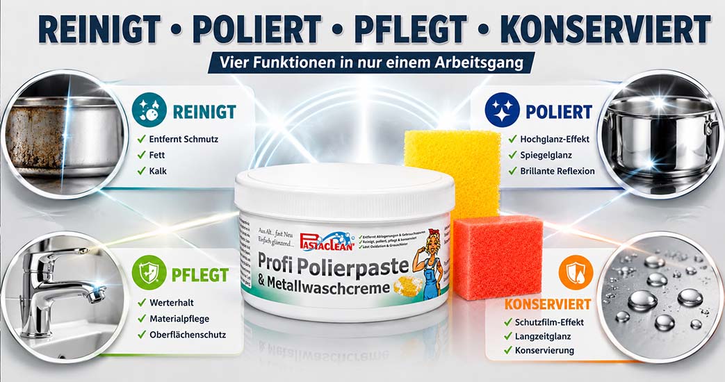 Pastaclean Profi Polierpaste, Metallwaschcreme mit vier Funktionen: reinigt, pflegt, poliert, konserviert. Entfernt Schmutz, Fett, Kalk, bietet Hochglanz-Effekt, Spiegelglanz, Schutzfilm, Langzeitglanz. Ideal für Polieren und Materialpflege.