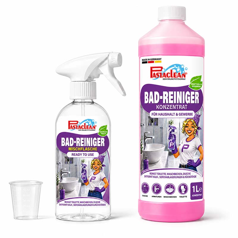 Badreiniger Konzentrat 1 Liter, Kalkreiniger für Dusche, Waschbecken, Toilette, enthält Mischflasche, 1L Flasche neben Sprühflasche, Reinigungsmittel für Haushalt und Gewerbe, entfernt Kalk und Seifenrückstände, Made in Germany.