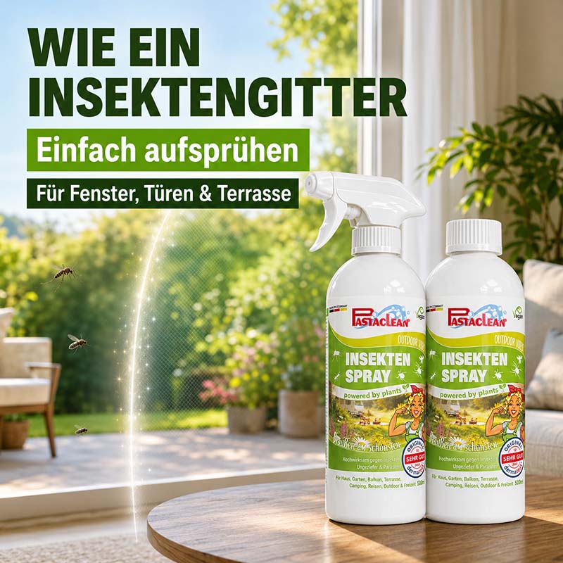 Pastaclean Insektenabwehr Spray 2x 500 ml für effektiven Insektenschutz auf Fenster, Türen und Terrasse, ideal für den Außenbereich und einfach anzuwenden.