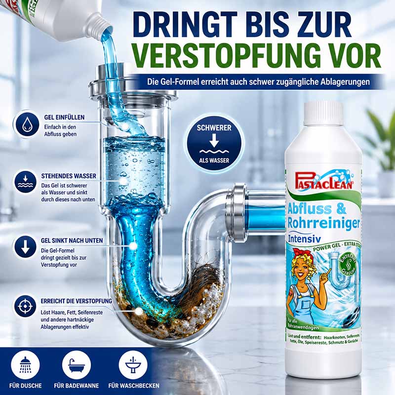 Pastaclean Abfluss & Rohrreiniger Intensiv Gel, 2x 750ml, zur effektiven Beseitigung von Haaren, Fett und Ablagerungen in Dusche, Badewanne und Waschbecken, extra stark gegen Verstopfungen.