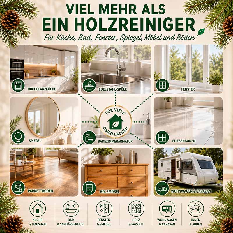 Pinienölreiniger Konzentrat, Allzweckreiniger für Küche, Bad, Fenster, Spiegel, Möbel, Böden. Anwendbar auf Hochglanzküche, Edelstahlspüle, Fenster, Fliesenboden, Parkettboden, Holzmöbel, Badezimmerarmatur, Wohnwagen, Caravan. 1000ml.