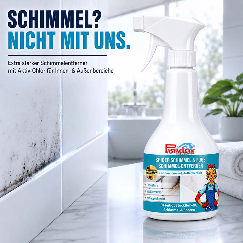 Schimmelentferner und Fugenreiniger, 500 ml Sprayflasche, extra stark mit Aktiv-Chlor, für Innen- und Außenbereiche, ideal gegen Schimmel und Stockflecken, Pastaclean Marke, Badezimmerfliesenreinigung, desinfiziert und entfernt Sporen nachhaltig.