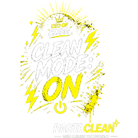 Logo mit Text: "CEO of Clean. Clean Mode: On. Pasta Clean. Dein Online Putzberater" in gelber und weißer Schrift, umgeben von Blitzsymbolen. Reinigungsprodukte, Sauberkeit, Putzberatung.