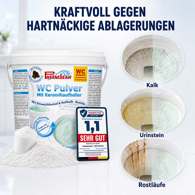 Pastaclean WC Schaum Reiniger 1 kg entfernt kraftvoll Kalk und Urinstein, geeignet für Toilettenreinigung, mit Einweichformel und Antikalk-Booster.