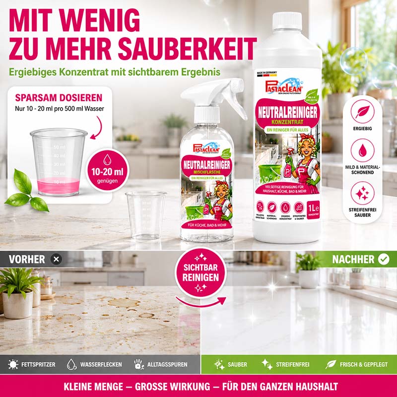 Pastaclean Neutralreiniger Konzentrat 1 L Allzweckreiniger für Küche, Bad, Böden, Fenster ergiebig materialschonend streifenfrei sauber Haushaltsreinigung Reinigungsmittel