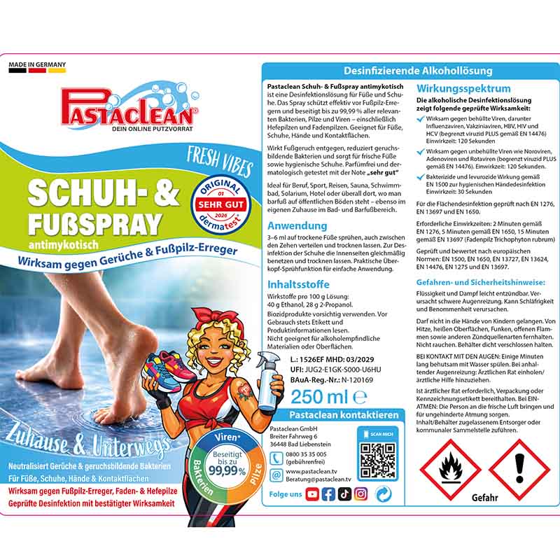 Pastaclean Schuh- und Fußspray, 250 ml, antimikotisch, wirksam gegen Fußpilz-Erreger, neutralisiert Gerüche, geeignet für Füße, Schuhe, Hände und Kontaktflächen, geprüft, desinfizierend, gegen Gerüche und Bakterien, Anwendung indoor und outdoor.