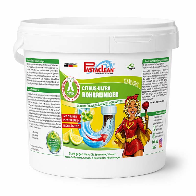 Rohrreiniger Pulver Citrus-Ultra 1,5 kg, Pastaclean, Abflussreiniger, sicher für alle Rohrarten, starke Reinigung, gegen Fette, Öle, Schmutz, vegan, nicht ätzend, mit grünen Powerperlen, Made in Germany, Verpackung zeigt Comicfigur.