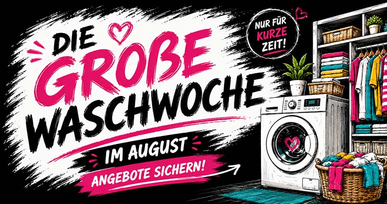 Waschmaschine mit Wäschekorb und gefalteten Handtüchern, Umgebung für Waschwoche im August hervorgehoben, Kleidung und Reinigungszubehör im Regal, Fokus auf Waschtag-Angebote und Organisation.