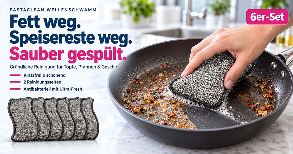 Pastaclean Wellenschwamm Set, kratzfreier Schwamm mit zwei Reinigungsseiten, antibakteriell mit Ultra-Fresh, zur gründlichen Reinigung von Töpfen, Pfannen und Geschirr