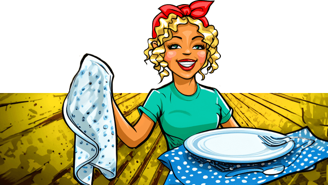 Miss Pastaclean trocknet Geschirr mit Geschirrtuch Miss Pastaclean trocknet Geschirr mit Geschirrtuch
