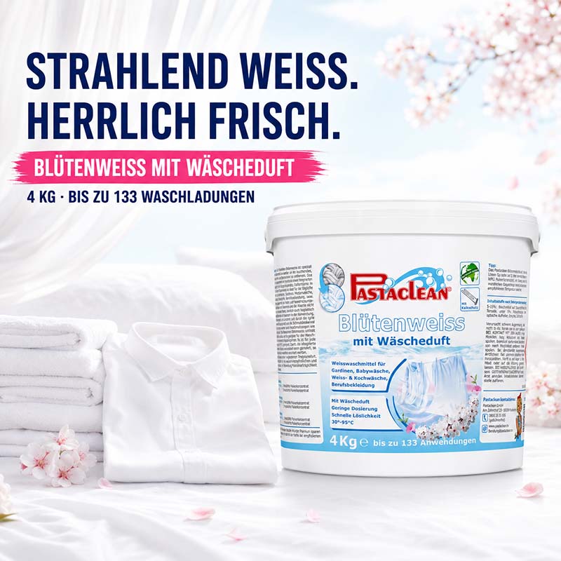 Pastaclean Blütenweiss Weißwaschmittel 4Kg für strahlend weiße Wäsche, geeignet für bis zu 133 Waschladungen, mit frischem Wäscheduft, ideal für Weiß- und Kochwäsche.
