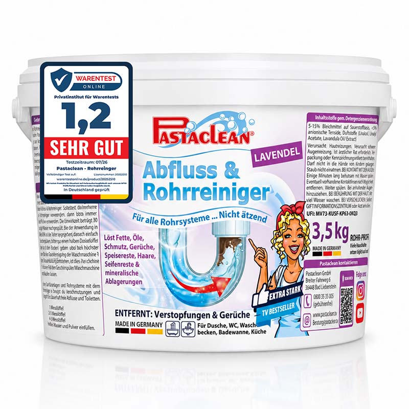 Pastaclean Abfluss- und Rohrreiniger Lavendel 3,5Kg, beseitigt Verstopfungen in Rohren, geeignet für Dusche, WC, Waschbecken, Bade- und Küchenbereich, nicht ätzend, löst Fette, Haare und mineralische Ablagerungen.