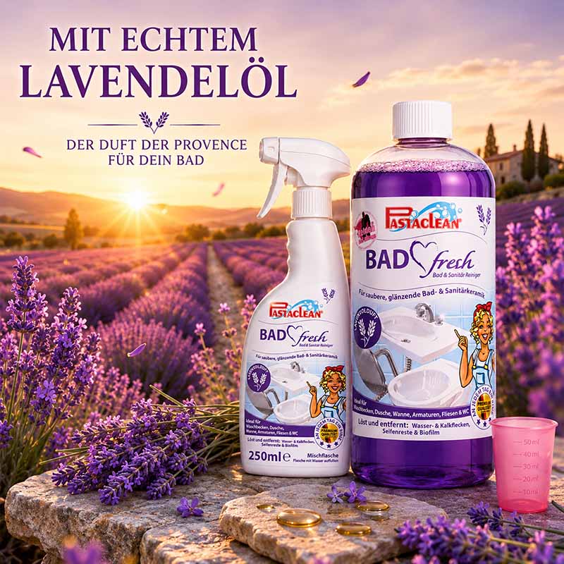 Badfresh Badreiniger Konzentrat 1.000 ml mit echtem Lavendelöl für saubere Bad- und Sanitärkeramik. Reiniger für Dusche, Badewanne, Armaturen und Fliesen. Duft der Provence, kraftvoll gegen Kalk, Seifenreste und Biofilm.
