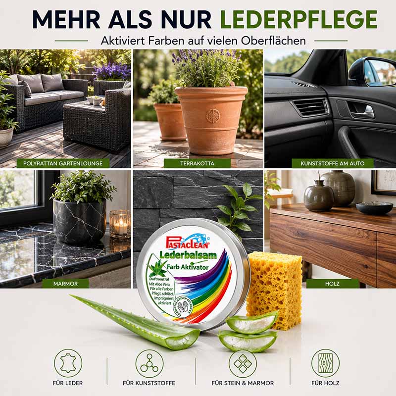 Pastaclean Lederpflege farblos, 250 ml, Farb Aktivator, geeignet für Leder, Kunststoffe, Stein, Marmor, Holz, Poly-Rattan, Terrakotta, für Farbauffrischung und Pflege verschiedener Oberflächen.