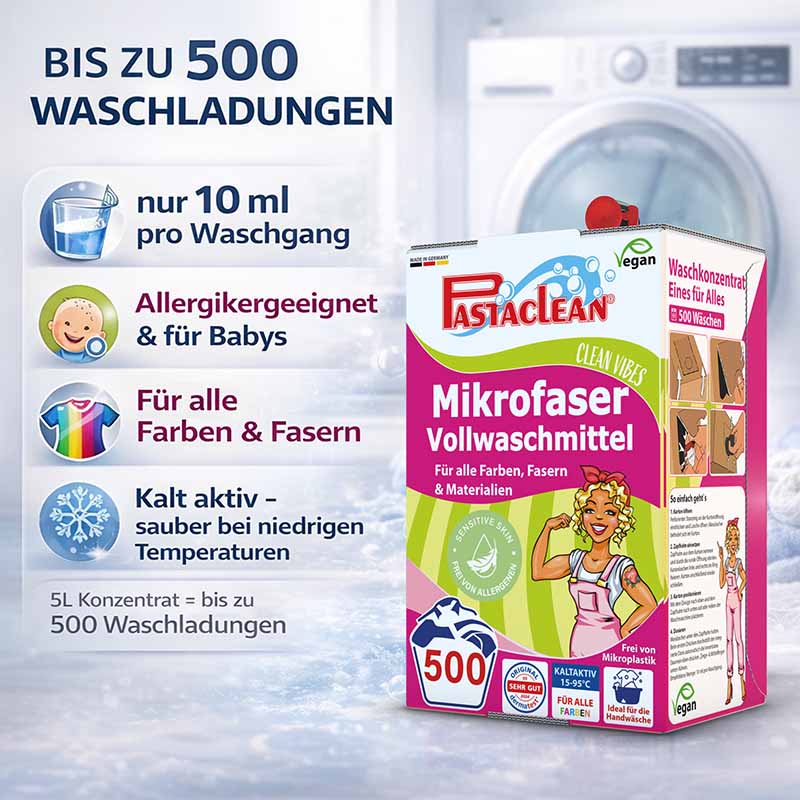 Flüssigwaschmittel Konzentrat 500 Wäschen, Universal Waschmittel, 5 Liter, Pastaclean Mikrofaser Vollwaschmittel, alle Farben und Fasern, allergikergeeignet, vegan, 10 ml pro Waschgang, kalt aktiv, Handwäsche geeignet, mikroplastikfrei