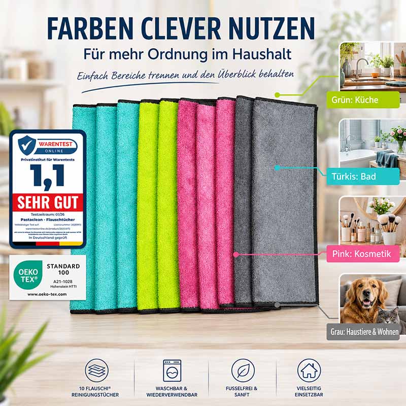 Pastaclean Flauschtücher Set, 10-teilig, für Küche, Bad, Kosmetik, Haustiere und Haushalt, waschbar und wiederverwendbar, fusselfrei, in Farben Grün, Türkis, Pink und Grau, OEKO-TEX Standard zertifiziert.