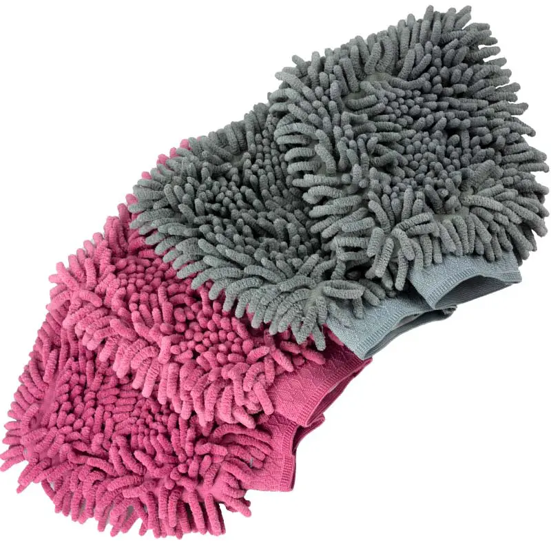 4X Waschhandschuh für Haushalt, Auto und Fahrrad - Chenille Handschuh (Grau/Pink)